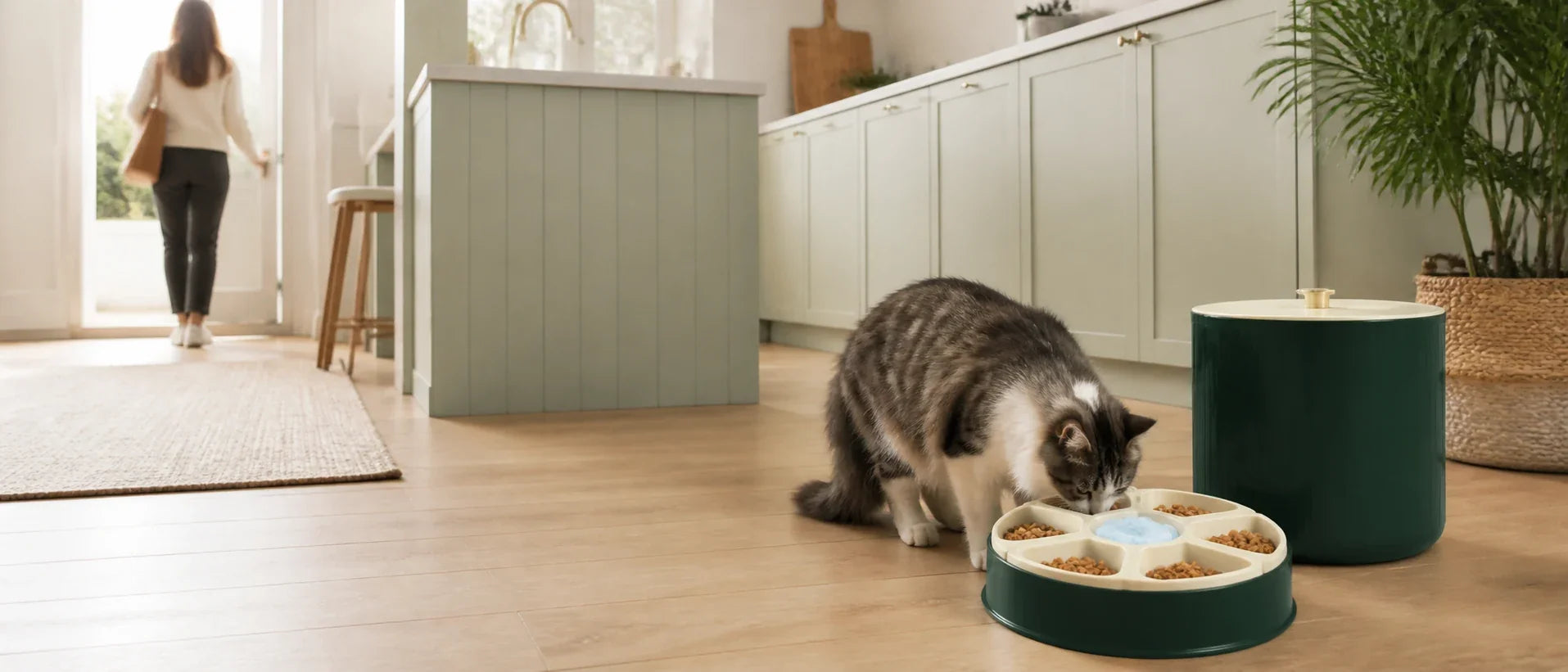 Cat eating from a six-compartment automatic feeder with a cool pack in a bright kitchen, owner leaving for work - Petifo