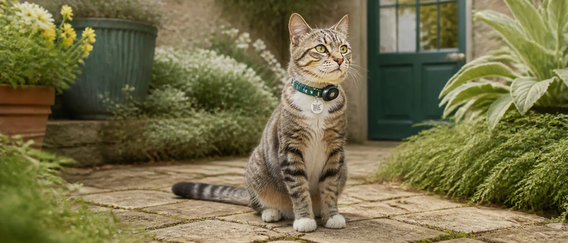 Outdoor cat wearing a reflective quick-release collar with small QR tag and tracker holder in a garden - Petifo