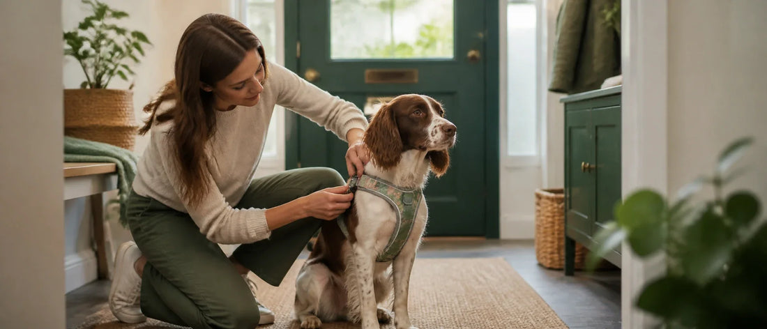 Owner fitting a floral reflective dog harness on a calm spaniel before a walk - Petifo