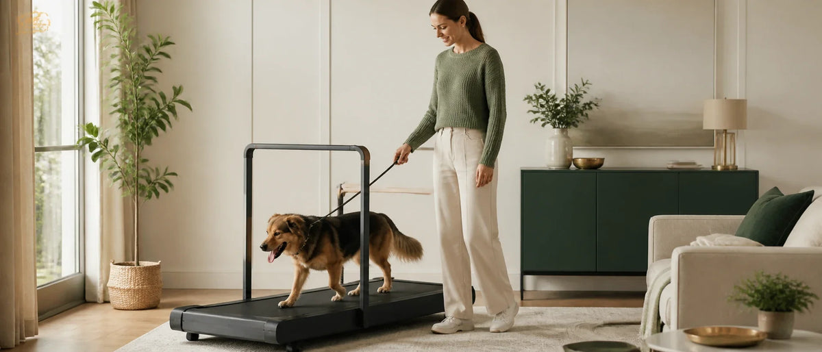 Medium dog walking calmly on a compact dog treadmill at a slow pace while owner supervises - Petifo