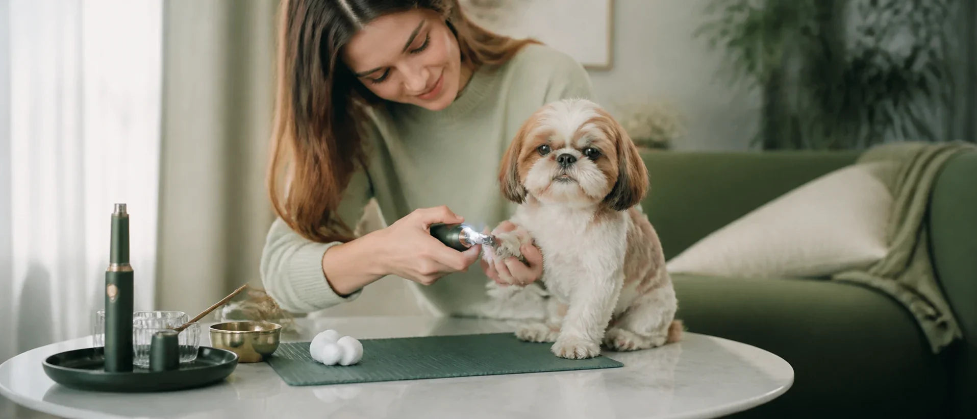 Calm small dog receiving a gentle nail trim at home with an LED pet nail clipper and grinder, owner careful and relaxed - Petifo