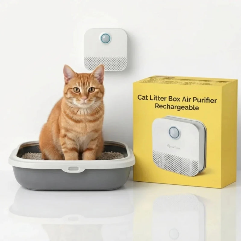 A cat sits in a litter box near the wall-mounted air purifier and its yellow product box.