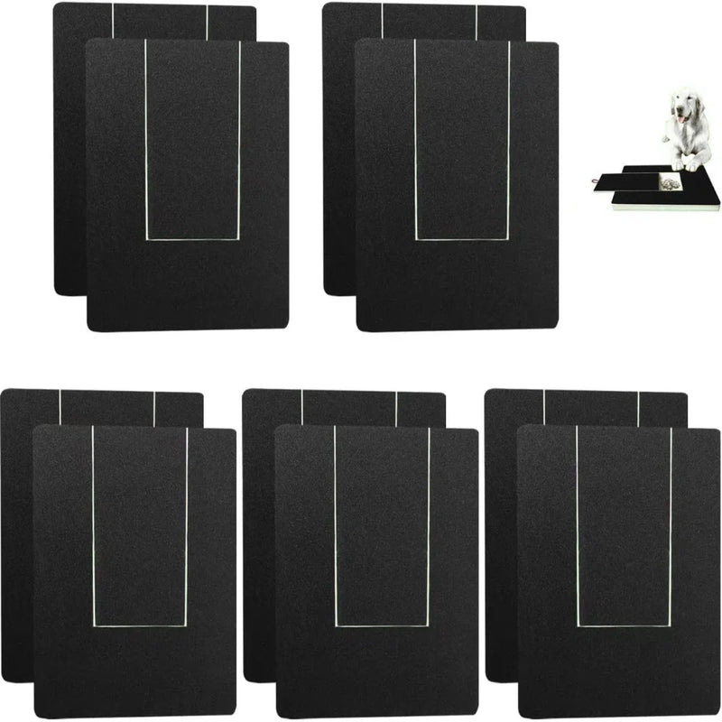 Multiple black Petifo dog scratch board replacement pads arranged in a grid with an inset showing a golden retriever using the scratch board set.