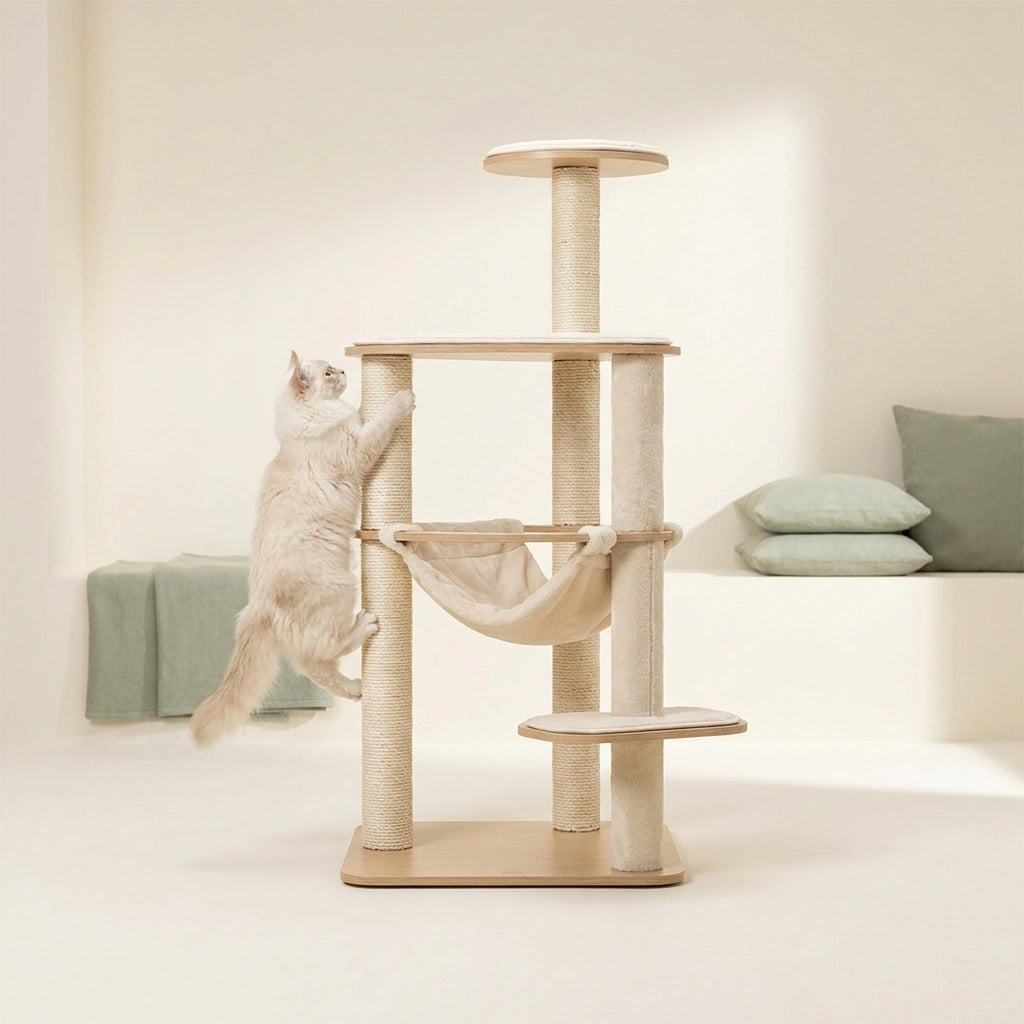 Cat climbing a modern cat tree with scratching posts – Petifo Cat Trees & Scratching Posts