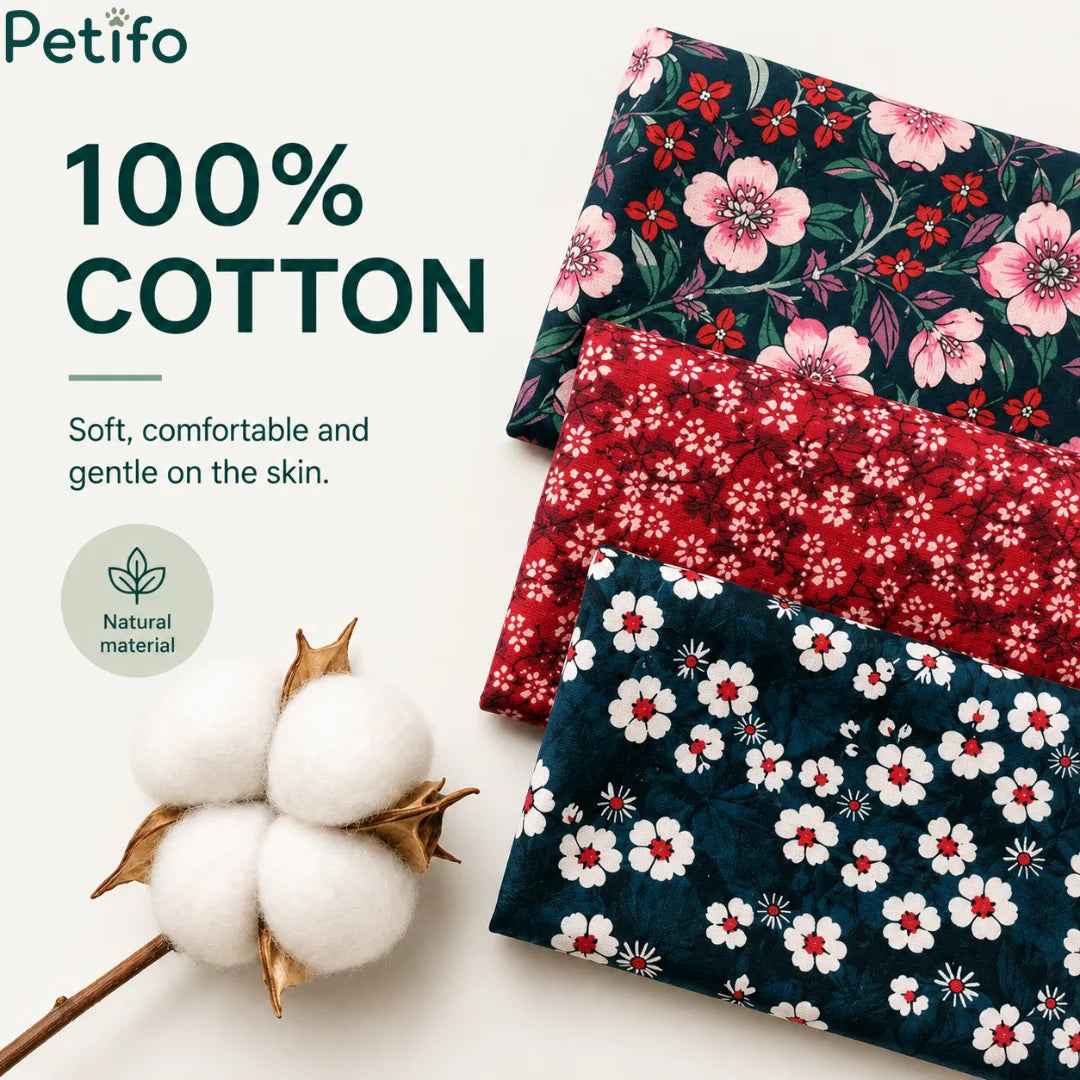 Folded samples of 100% cotton floral patterned fabrics shown alongside a raw cotton boll to highlight soft and natural material.