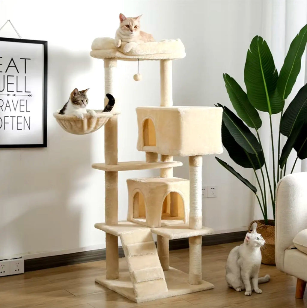 A 143 cm tall beige cat tower featuring a ramp, two enclosed condos, and a side lounging basket.