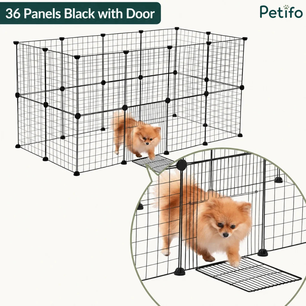 Fluffy Pomeranian puppy inside a 36-panels black wire Petifo dog playpen with a door.