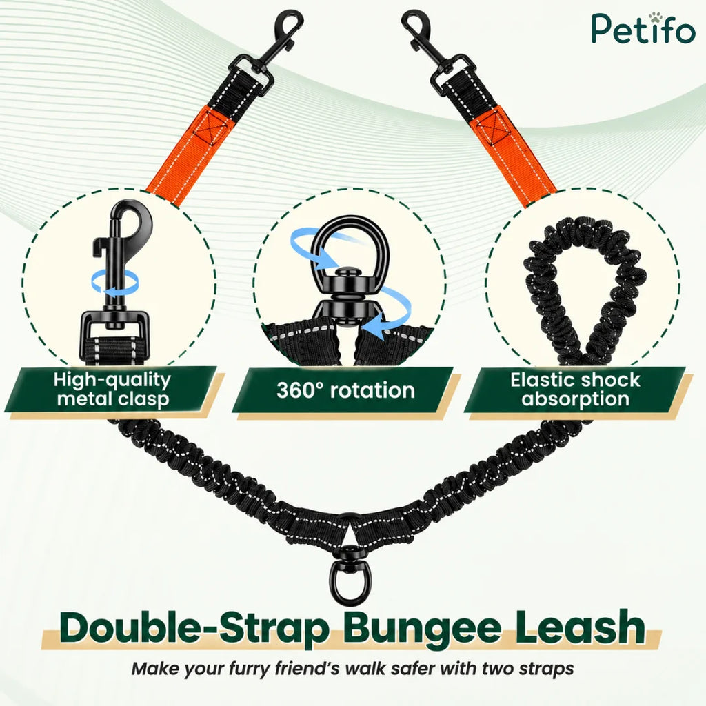 Close-up infographic illustrating the high-quality metal clasps, 360-degree rotation ring, and elastic shock absorption features.