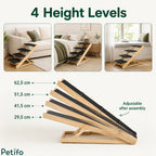 Adjustable wooden pet stairs demonstrating four distinct height levels ranging from 29.5 cm to 62.5 cm.
