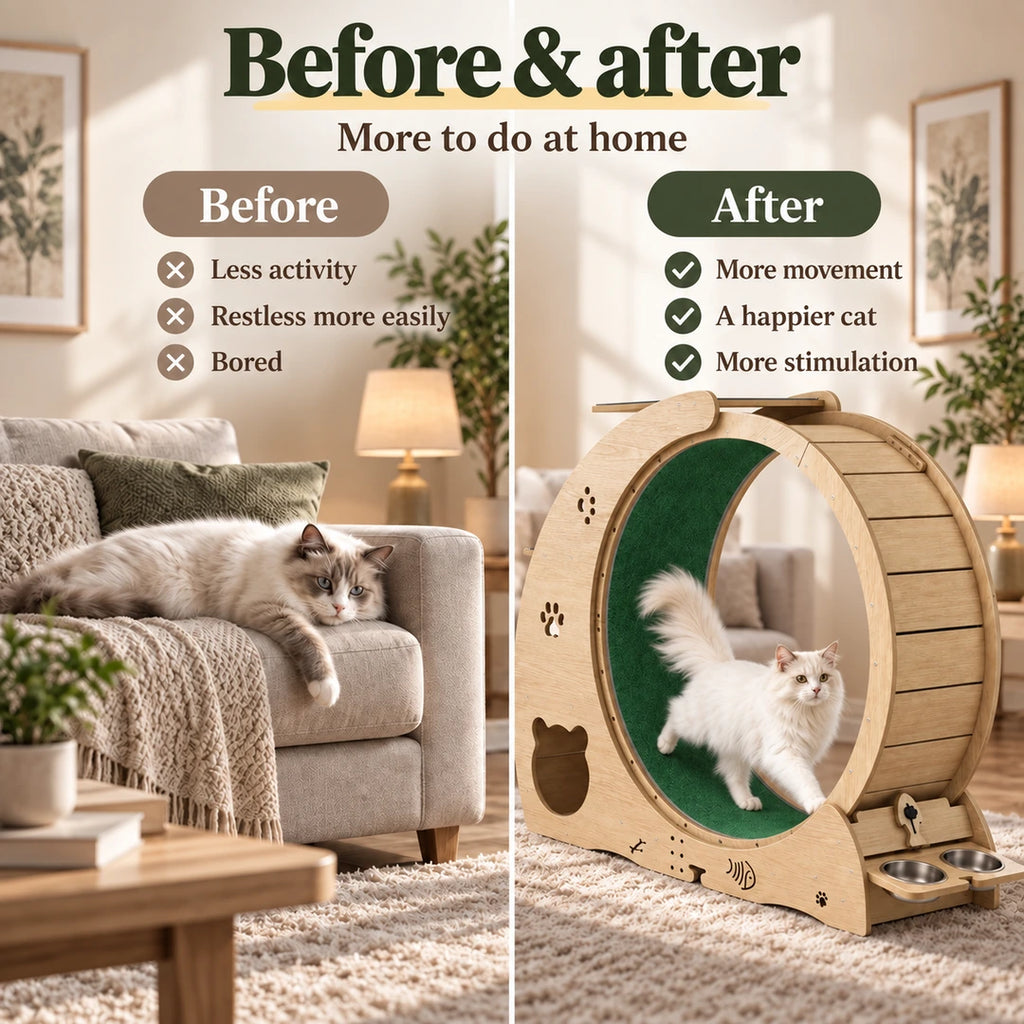 Before and after enrichment with the 5-in-1 cat wheel and tree