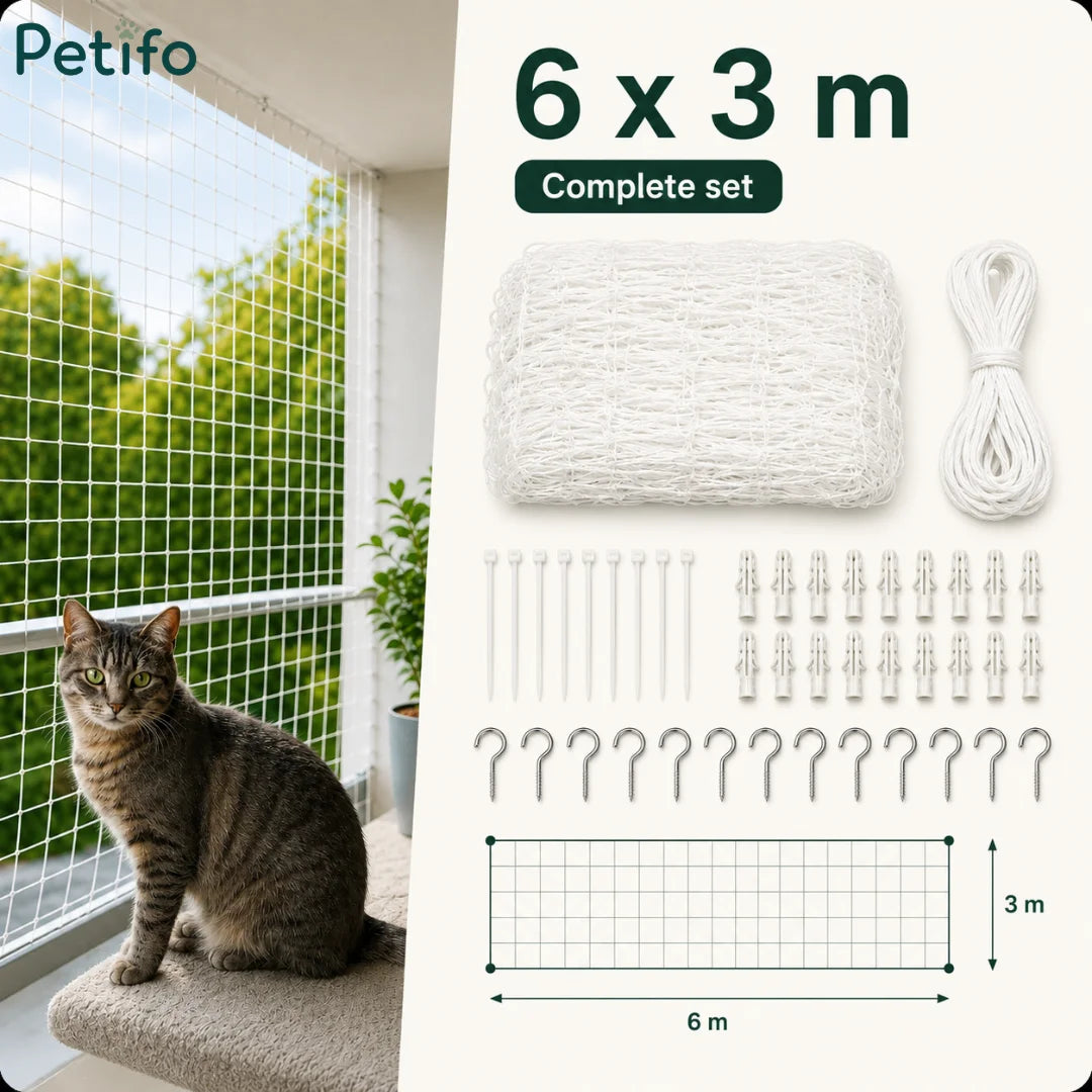 Complete 6x3m white cat safety net kit with mounting accessories and a tabby cat nearby.
