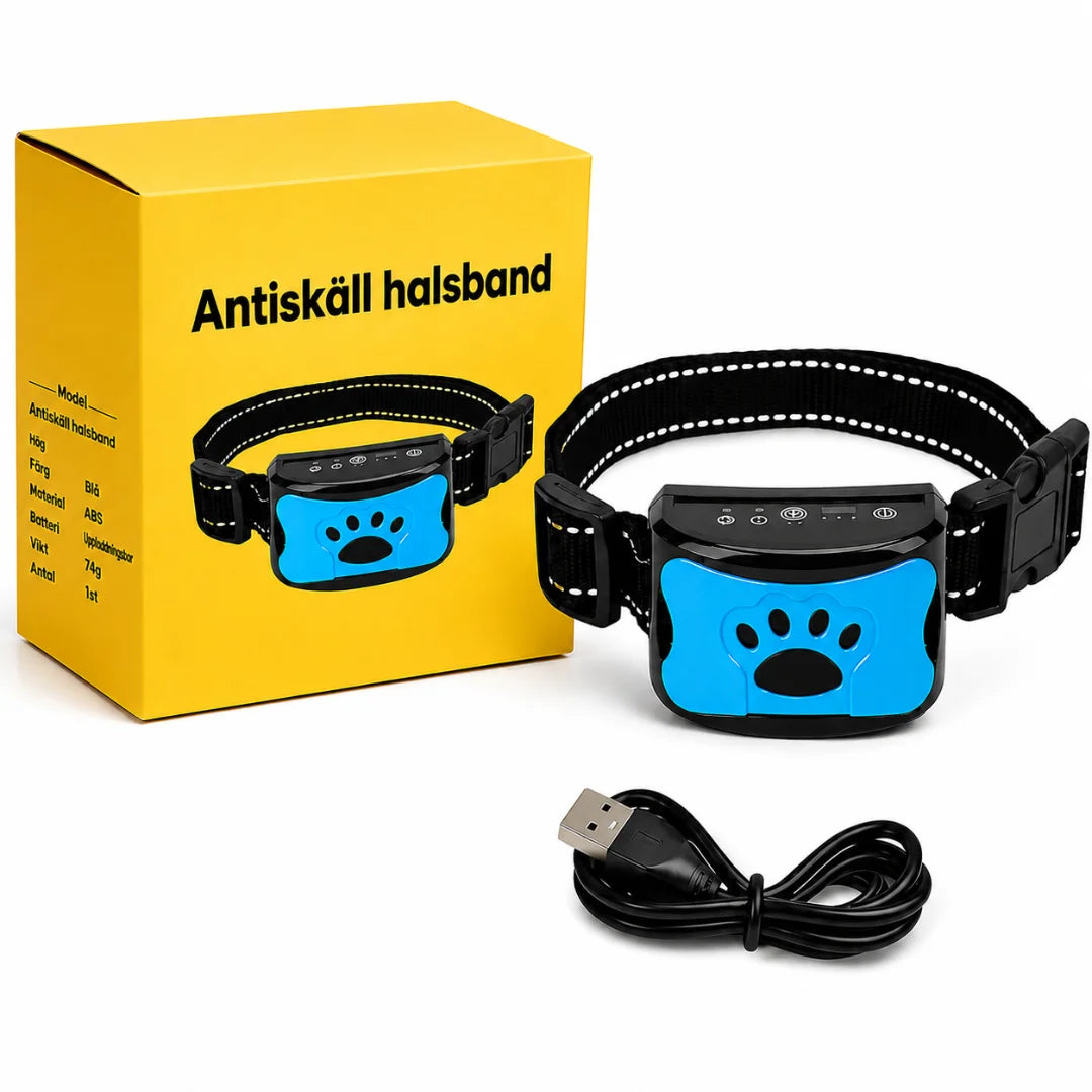A blue anti-bark collar featuring a paw-print faceplate, its yellow storage box, and an included USB charging cable.