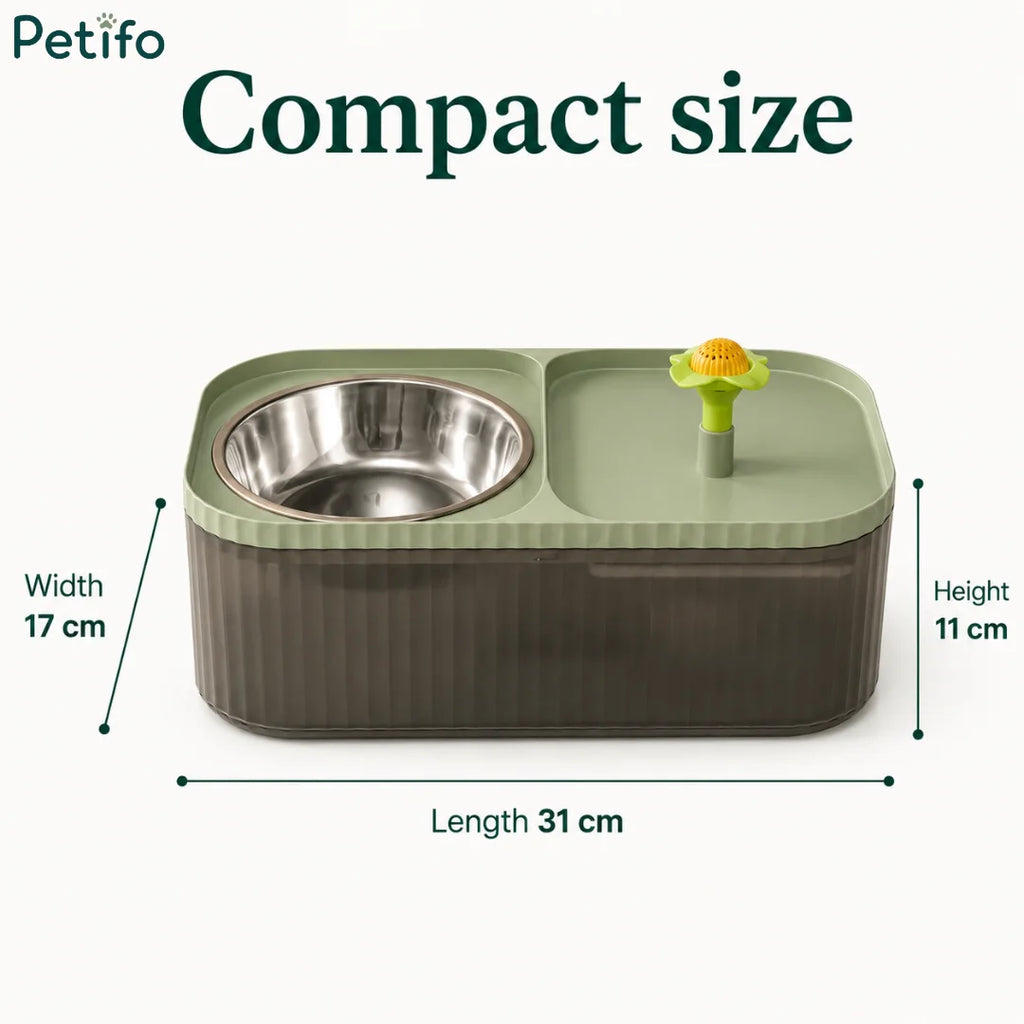 Dimension guide graphic showing the compact width, height, and length measurements of the green pet feeding and watering station.