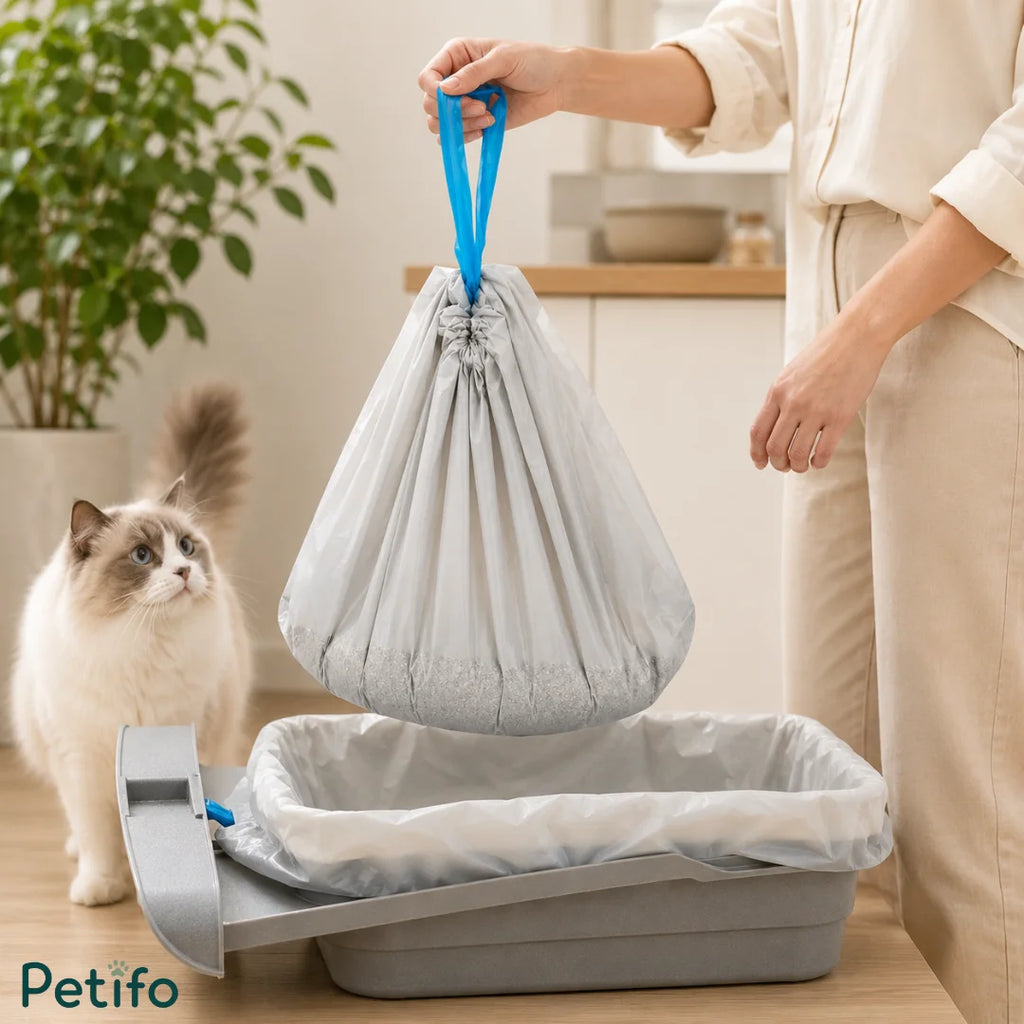 A person holding a filled grey Petifo replacement waste bag by its blue drawstring above a grey waste bin, with a fluffy cat watching nearby.