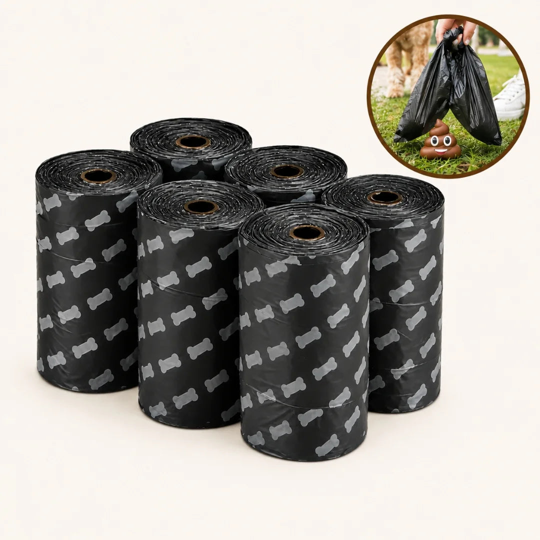 A stack of black pet waste bag rolls featuring a bone pattern design, paired with an inset action shot of waste collection.