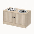 A standalone view of the Petifo wooden raised feeding station with two stainless steel bowls, one for water and one for food.