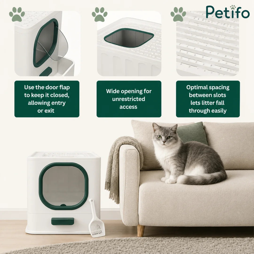 A visual guide explaining the door flap, wide top opening, and litter-filtering surface of a modern cat litter box.