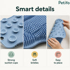 Smart details breakdown highlighting strong suction cups on the back, soft bristles on the surface, and easy placement options for walls or floors.