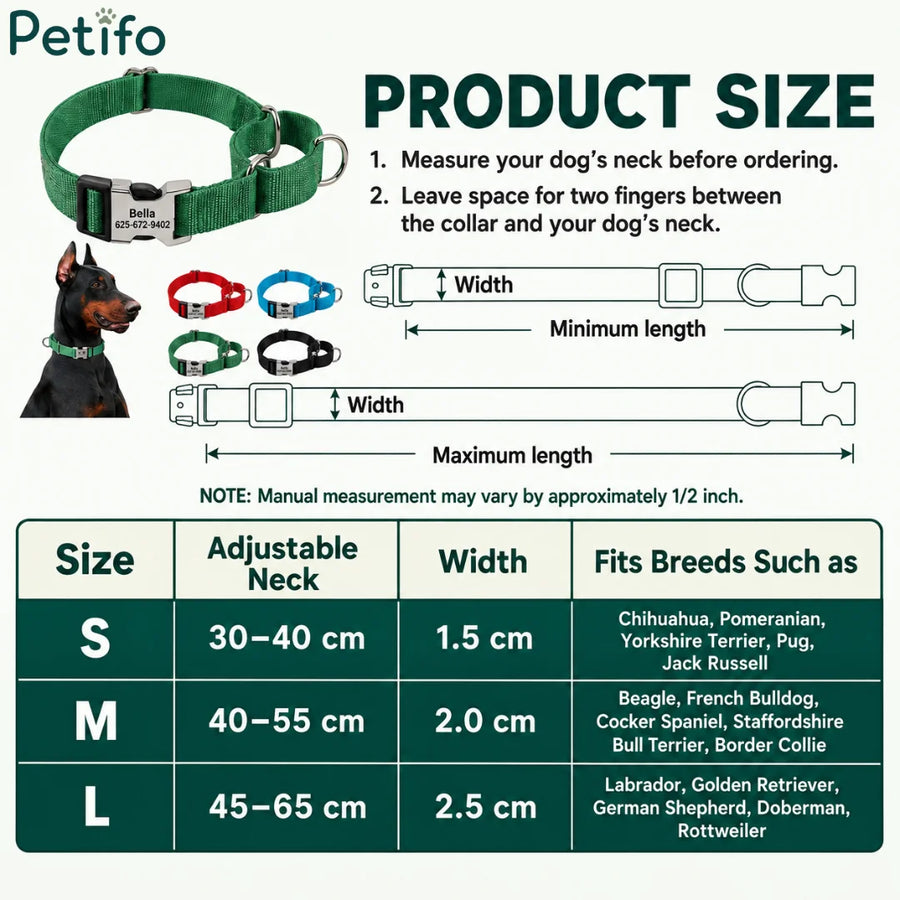 Guide des tailles et des mesures pour les colliers réfléchissants réglables pour chiens avec plaques d’identification métalliques personnalisées.