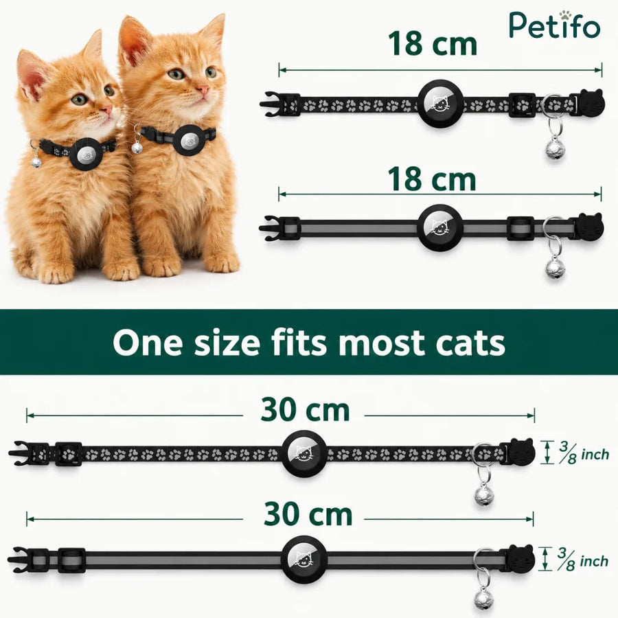 Maattabel-infographic met verstelbare afmetingen van 18 cm tot 30 cm, die laat zien dat één maat geschikt is voor de meeste katten.