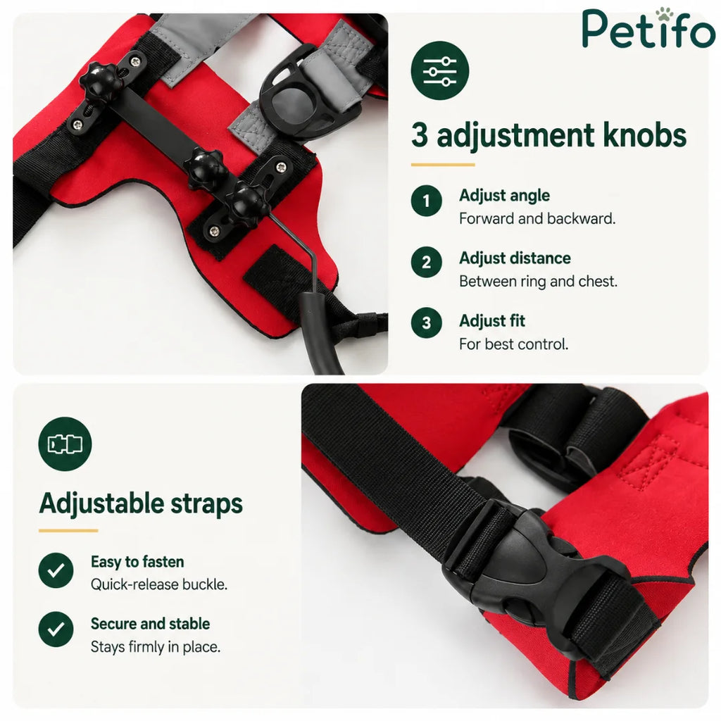 Close-up of the red blind dog harness showing the quick-release buckle and adjustable neck and chest straps.