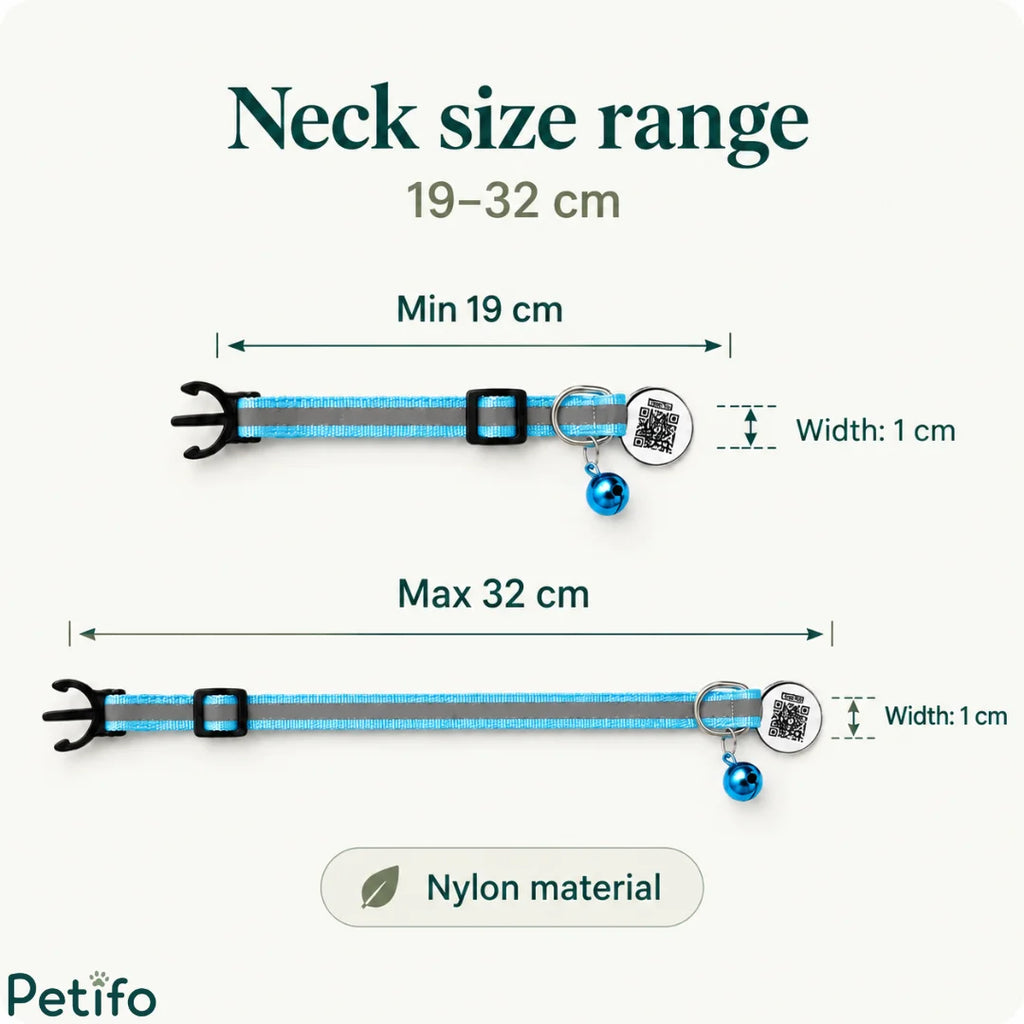 Infographic displaying the adjustable nylon neck size range from 19 to 32 centimeters and 1 centimeter width for the cat collar.