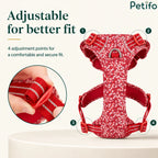 Detailed view highlighting the four adjustment points on a red floral dog harness for a customized and secure fit.