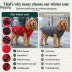 Comparison infographic highlighting the advanced features of the winter dog coat over ordinary jackets.