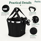 Practical details infographic highlighting the sturdy aluminum frame, padded handle, stable fastening mechanism, and tear-resistant durable fabric.