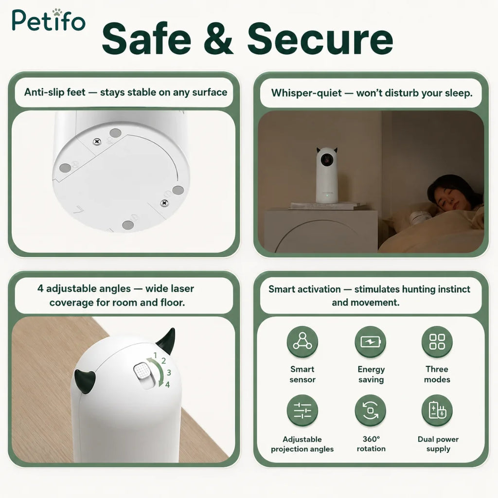 Informational feature guide highlighting anti-slip feet, quiet operation, and 4 adjustable projection angles.