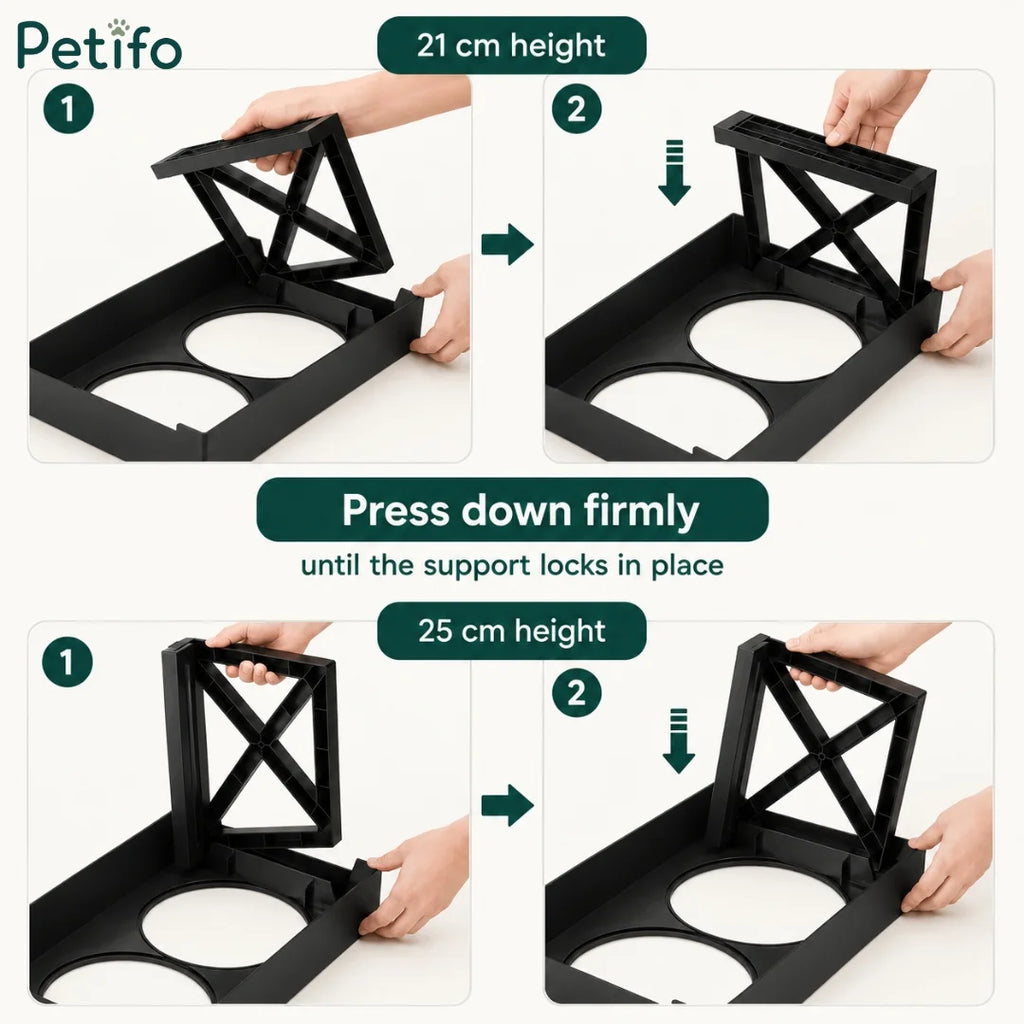 Assembly instructions showing how to lock legs for 21 cm and 25 cm height adjustments on Petifo feeder
