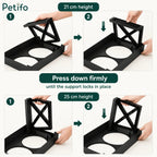 Assembly instructions showing how to lock legs for 21 cm and 25 cm height adjustments on Petifo feeder