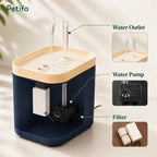 Petifo automatic cat water fountain showing internal components including the water outlet, adjustable water pump, and filter.