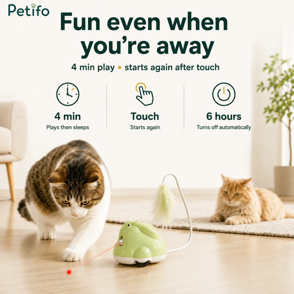 Petifo autonomous cat toy featuring a 4-minute play cycle, touch-to-restart sensor, and 6-hour automatic shutoff feature