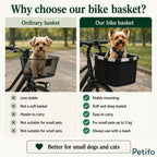 Comparison infographic detailing the advantages of the Petifo bike basket versus an ordinary metal basket for small dogs and cats up to 5 kg.