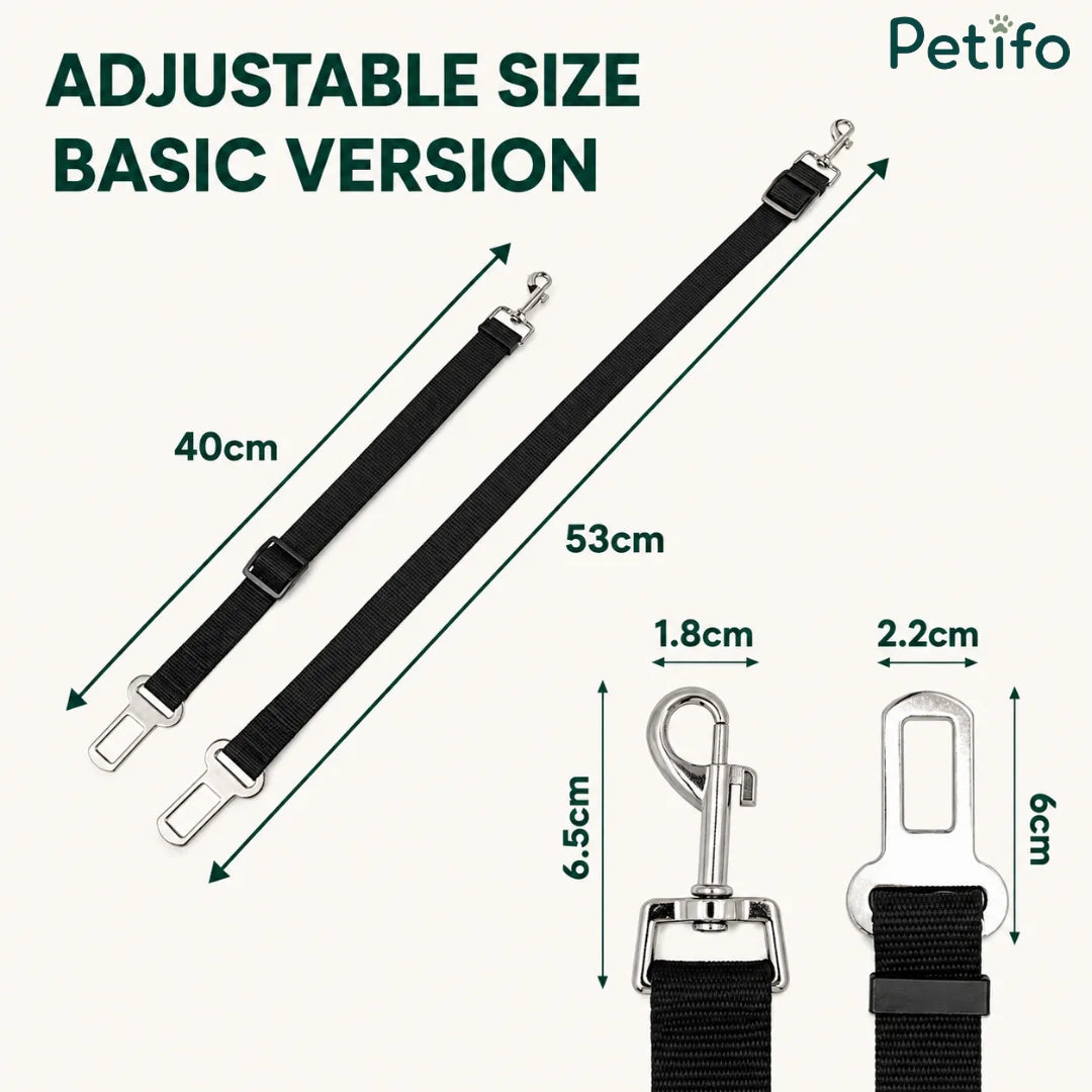 Size chart diagram illustrating dimensions of the basic version adjustable pet car seat belt.