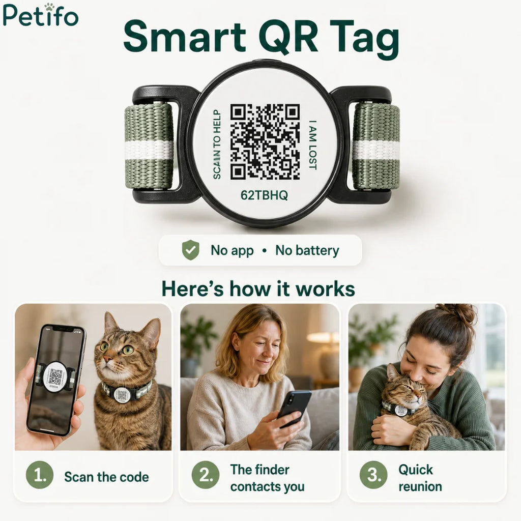 Product overview highlighting a smart app-free and battery-free QR code tag with a simple three-step connection guide.