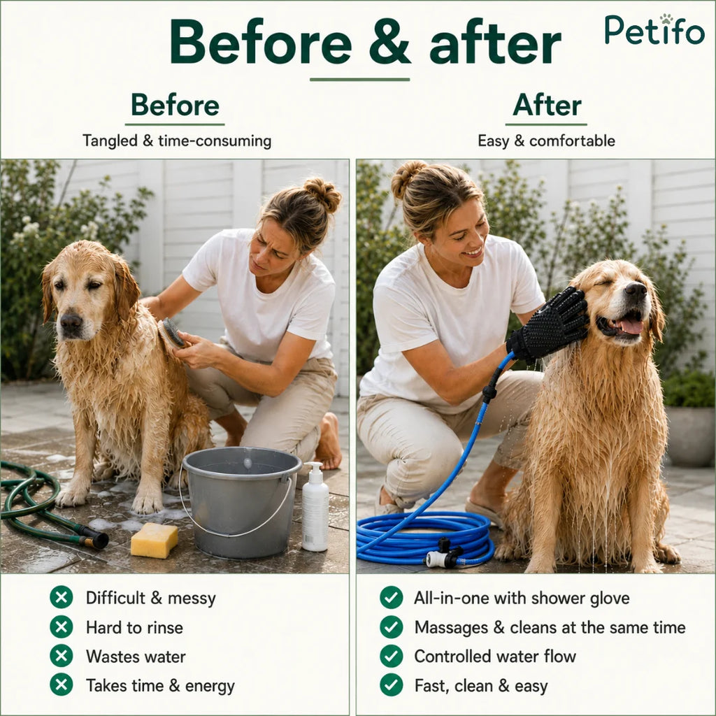 Before-and-after comparison showing the messy traditional method versus the easy and clean glove shower system.