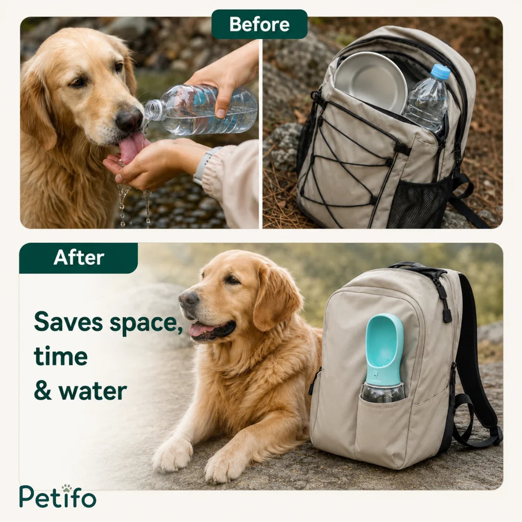Before-and-after comparison demonstrating how the Petifo bottle saves space in a backpack compared to carrying separate bowls and bottles.