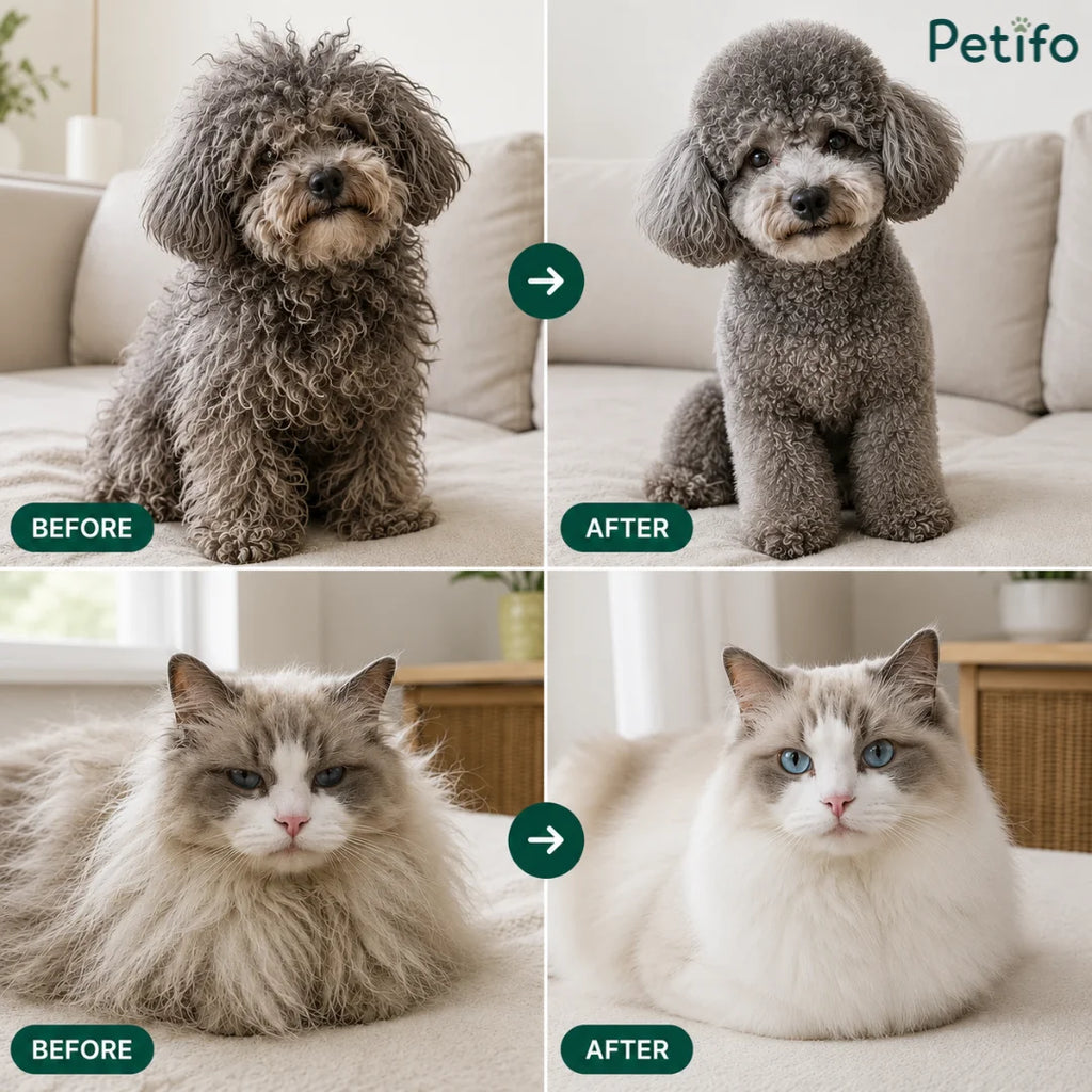 Before and after comparison showing a poodle and a ragdoll cat with untamed coats transformed into smooth, well-groomed fur after using the Petifo brush.