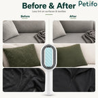 Before and after comparison of pet fur removal on couch, cushion, and black jacket using Petifo brush