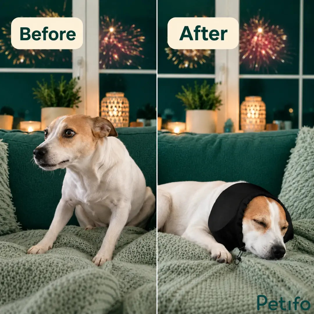 Before and after infographic demonstrating a dog's transition from anxious during fireworks to calm and sleeping peacefully while wearing the Petifo cap.