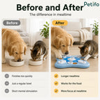 Before and after comparison showing pets eating from regular bowls versus Petifo slow feeder puzzle