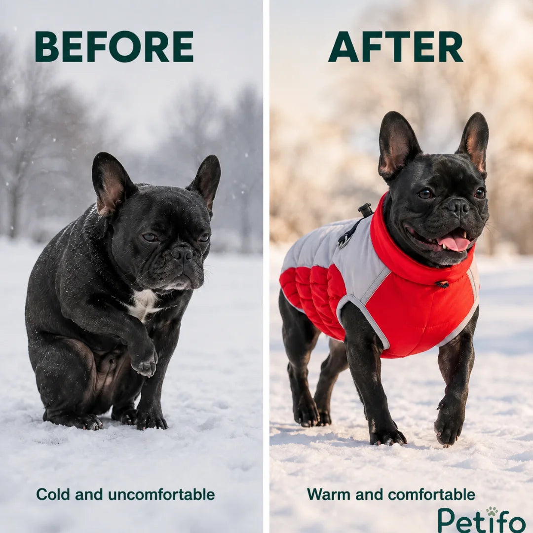 Before and after comparison showing a French bulldog appearing cold and uncomfortable versus warm and happy in a winter dog jacket.