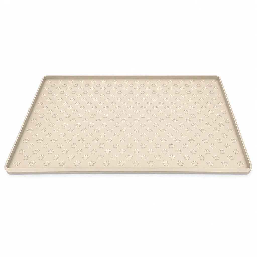 Beige rectangular pet silicone dining mat featuring a raised border and textured paw print pattern across the surface.