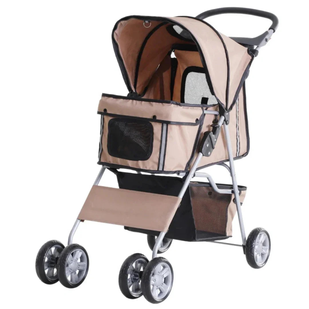 Beige Petifo pet stroller featuring a mesh canopy and convenient bottom storage basket.