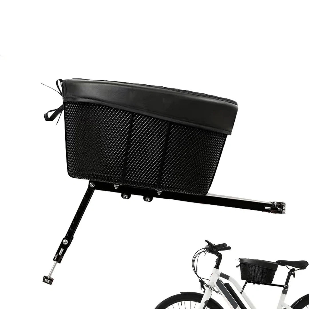 Petifo black multifunctional pet bike basket shown isolated against a white background with its mounting rail and support bracket attached, accompanied by a small thumbnail view showing it mounted on a white bicycle.