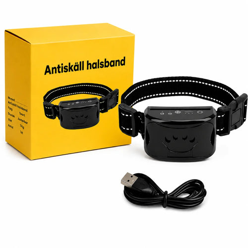 A black anti-bark collar and USB charging cable displayed next to its yellow product packaging box.
