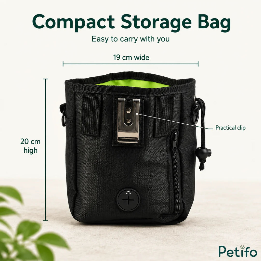 A product dimension graphic showing a compact black dog treat bag measuring nineteen centimeters wide and twenty centimeters high.
