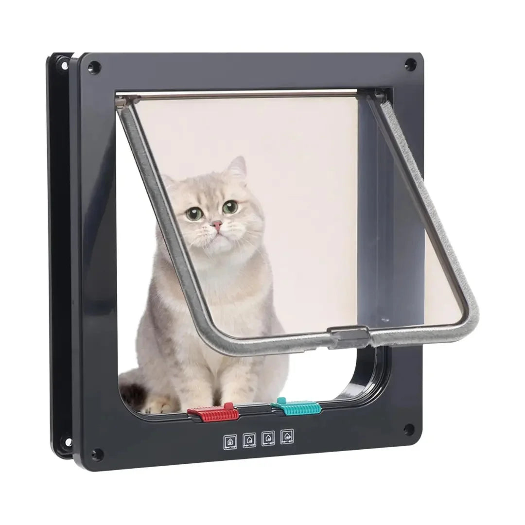 Black 4-way locking cat flap door with a cute grey and white cat sitting behind the open transparent flap.